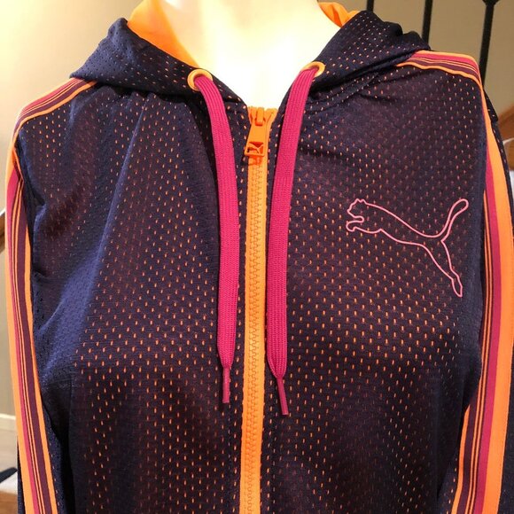 Puma Activewear Full Zip Hooded Jacket w Drawstring Navy Purple Orange Sz S - Picture 2 of 6
